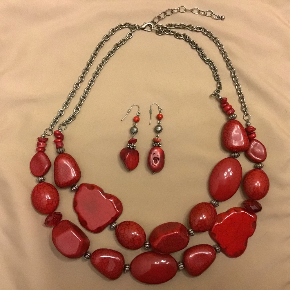 Red bead statement necklace & earrings set